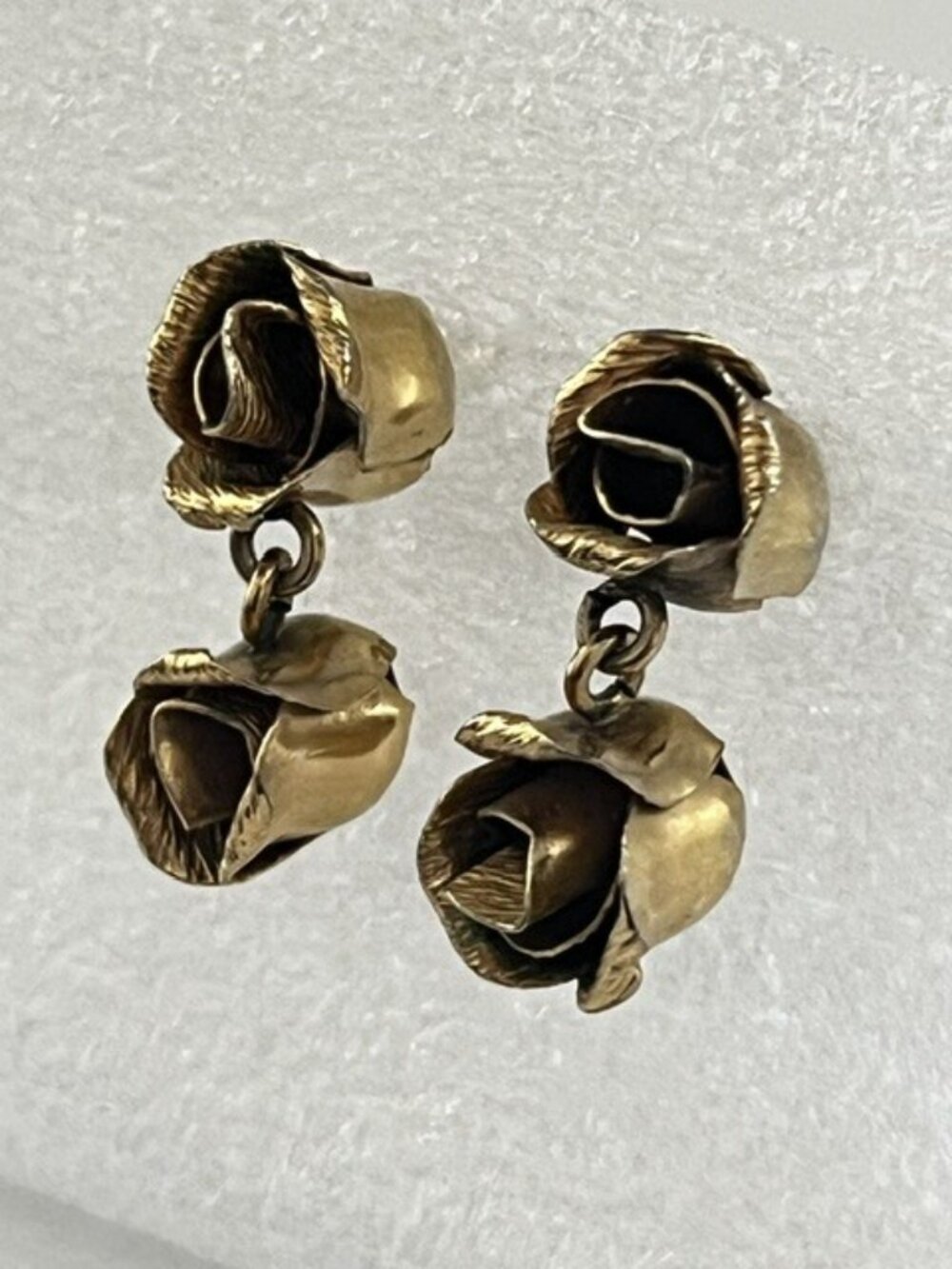 Vintage Rose Bud Dangle Earrings Gold Tone